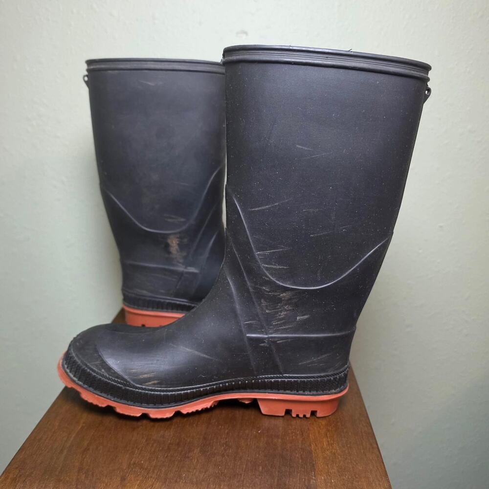 Vintage Rubber Rain Work Boots Black Orange Lug Sole Made in Canada Size 2